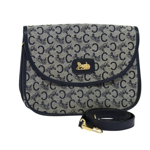 CELINE C Sulky Shoulder Bag Canvas Navy Gold Auth - Picture 1 of 16